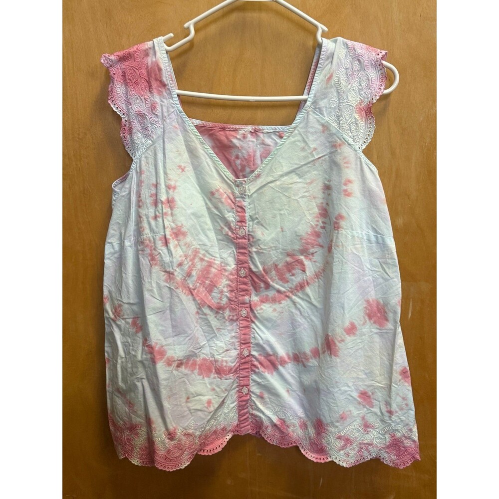Pink White Tie Dye Eyelet Lace Tank Top Button Front Cottagecore Boho